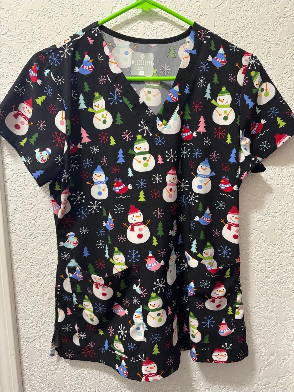 Medcouture Holiday Snowman Print Women’s Scrub Top - Black Background